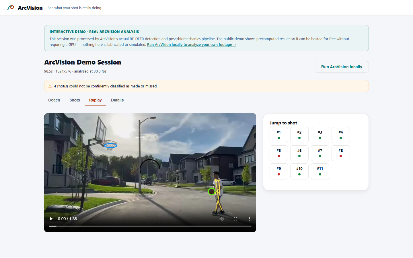 ArcVision Replay tab: annotated basketball video with pose, ball, and hoop tracking overlays, plus a per-shot jump list